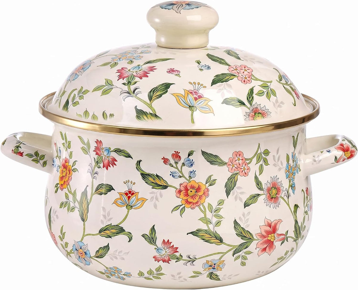 Jucoan 2.8 Quart Vintage Enamel Cooking Pot with Lid, Green Floral Enamelware Simmer Pot Saucepan with Dual Handles for Gas Electric Stovetop, Soup Bowl Gift for Housewarming Wedding Thanksgiving Xmas