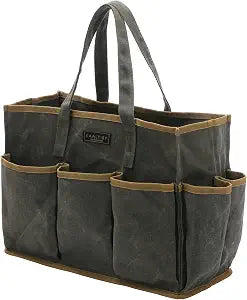 Tool Tote Bag, Heavy Duty 16oz Waxed Canvas Garden Tool Bag | Portable 11-Pocket Tool Storage Bag for Gardener Electrician Contractor Repairman (14"L x 5.5"W x 10.5"H)  Army Green