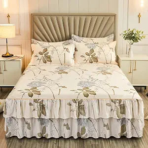 Feelyou Blossom Floral Bed Sheet Flowers Print Fitted Sheet 3 Side Coverage 14 Inch Drop Dust Ruffle Botanical Bed Skirt 3 Piece 1 Falt Sheet & 2 Pillowcases (Full)