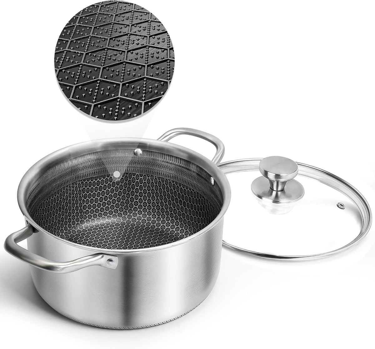 AuFrancâ„¢ Hybrid Nonstick 6 Quart Stainless Steel Stockpot with Glass Lid, Induction Stock Pot with Honeycomb Carving, Non-stick Soup Pot Compatible with All Cooktops, Non-Toxic, Dishwasher & Oven Safe