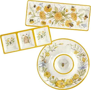 Bee Sweet 3-Piece Melamine Serveware Set  Includes 14.5" Chip & Dip, 14.5"x5.75" 3-Section Tray & 19"x8" Platter with Bee & Floral Designs for Spring Entertaining & Outdoor Dining