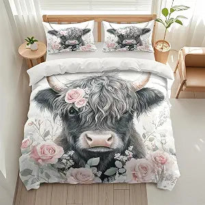 Highland Cow Pattern Duvet Cover Set, 3 Piece Decorative Soft Bedding Set (1 Duvet Cover and 2 Pillowcases), Trendy Comforter Cover Set Gift (Pink Flower Grey Highland Cow, King (104" x 90"))
