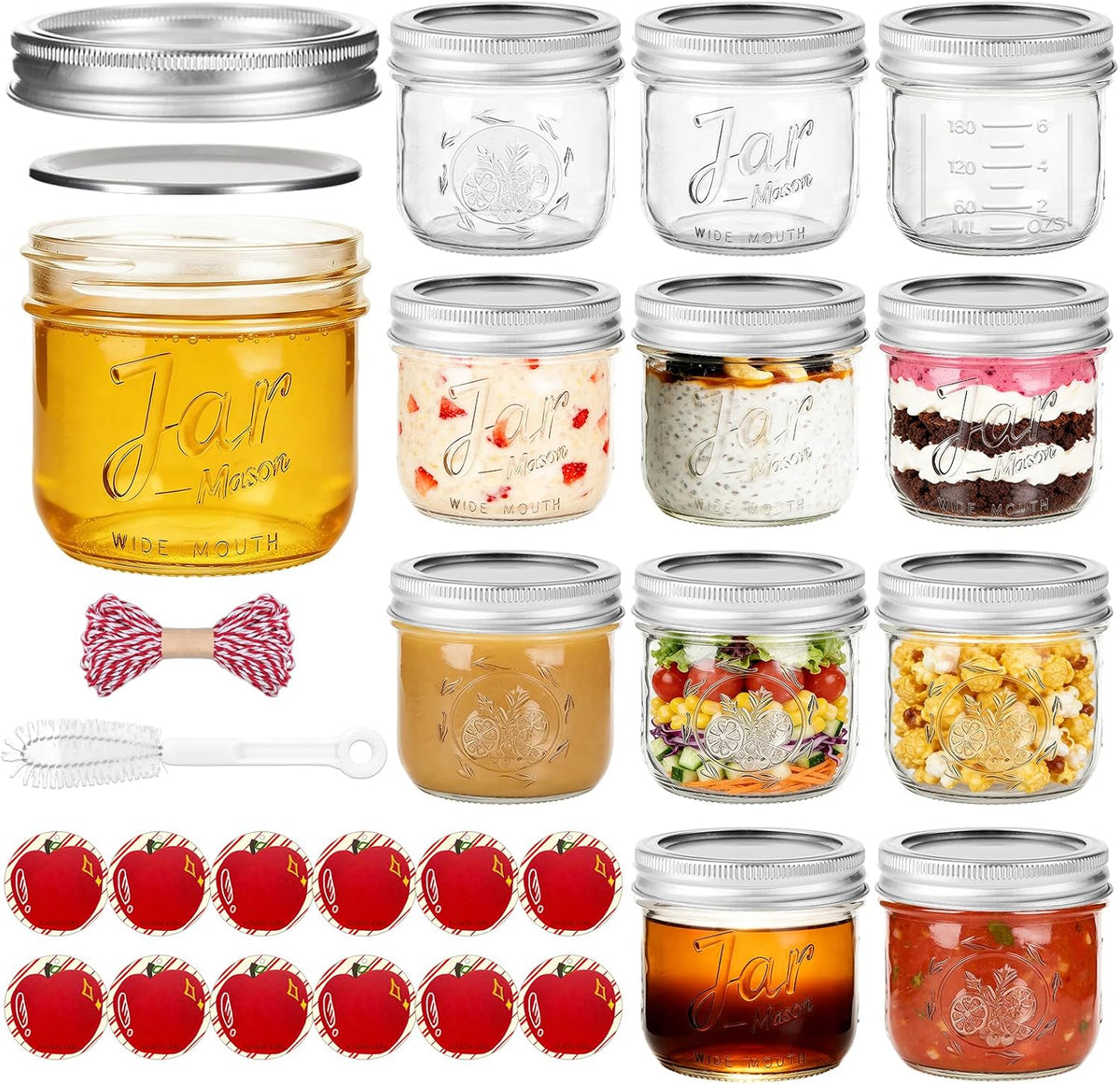 8 oz Wide Mouth Embossed Mason Jars 12-Pack with Lids & Volume Marks
