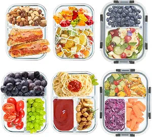 Glass Meal Prep Containers with Lids, 2 & 3 Compartment Lunch Containers