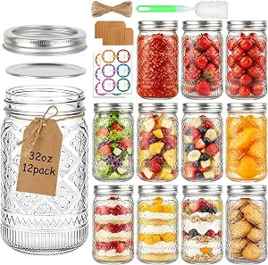 32 oz Mason Jars with Lids, 12 Pack Quart Canning Jars
