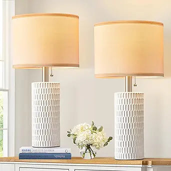 Reaketon 20" Modern Ceramic Table Lamps Set of 2, Lamps for Bedroom, White