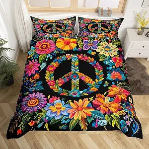 Erosebridal Hippie Peace Symbol Duvet Cover Queen,Colorful Groovy Flowers Comforter Cover,Bohemian Bedding Set,Wild Botanical Floral Leaves Quilt Cover Bedroom Decor