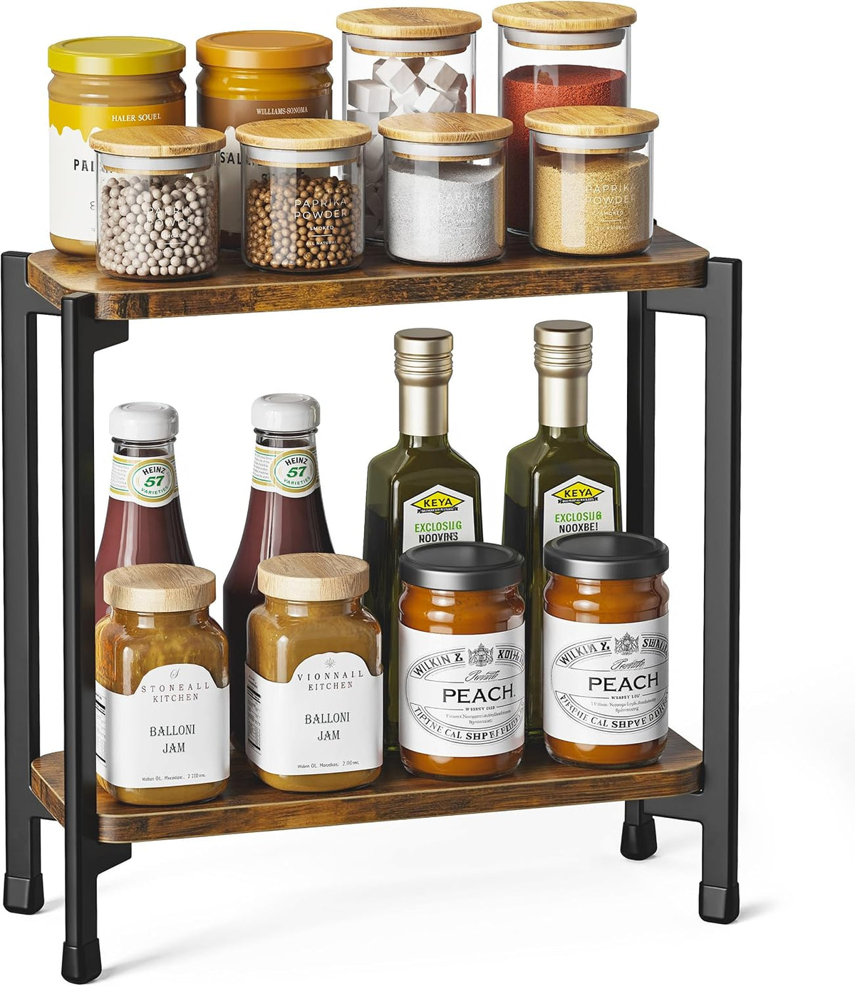 pickpiff 2 Tier Spice Rack Organizer for Kitchen Countertop, Wood and Metal Seasoning Shelf, Space-Saving Spice Organizer for Kitchen Counter, Coffee Bar and Dining Table, Brown