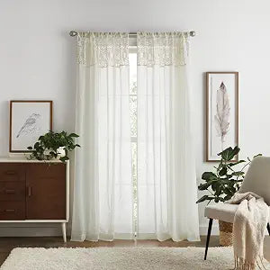 Martha Stewart Boho Curtains Macrame Decor Textured Sheer Rod Pocket Window Curtain Panel Pair, 84", Linen