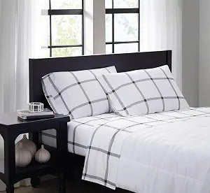 TRULY SOFT Printed Windowpane White and Charcoal Grey Polyester 3-Piece Twin Sheet Set, Geometric Themed, for Men and Women, Oeko-TEX Certified Confidence