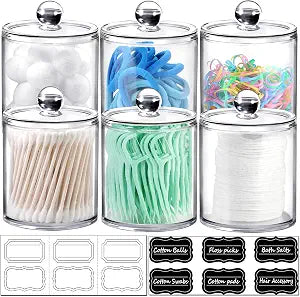 SheeChung 6 Pack Acrylic Qtip Holder with Labels, Qtip Jars for Bathroom