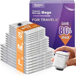 Nicetree 17-Pack Vacuum Bags for Travel with Rechargeable Pump, 3 Sizes