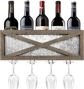 Autumn Alley Rustic Barn Door Wine Rack with Glass Storage - Country Home Decor Rustic Farmhouse for Kitchen, Dining Room  Wood and Metal Wine Wall Mount Storage  Holds 5 Bottles, 4 Stemmed Glasses