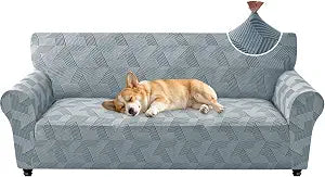 ZNSAYOTX Stretch Couch Covers for 3 Cushion Couch, 1-Piece Sofa Cover Slipcover Pet Friendly, Furniture Protector with Elastic Bottom for Dogs Geometrical Jacquard Fabric (Large, Light Grey)