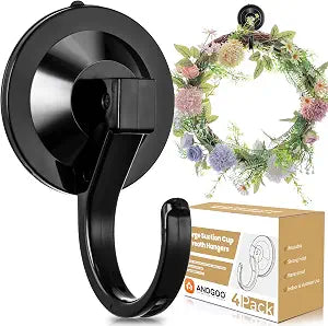 ANDGOO 4 Pack Large Suction Cup Hooks for Door Wreaths, Up to 22 lbs, Black