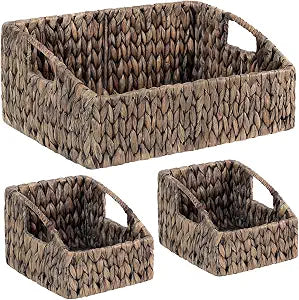 Set of 3 Handwoven Storage Baskets  Decorative Natural Wicker Organizer Bins with Built-in Handles for Bathroom, Kitchen, Pantry, Nursery, Closet, Laundry, Living Room, and Home Use