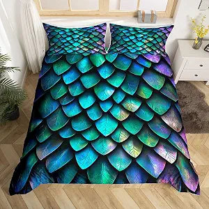 Feelyou Dragon Scales Duvet Cover for Kids Teens Reptile Skin 3D Bedding Set Animal Comforter Cover Ultra Soft Decor Bedspread Cover Blue and Green King Size with 2 Pillow Case