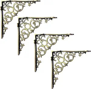 NACH Decorative Shelf Brackets, 4 Pack of 6 x 1.3 x 6 inch, Cast Iron, Brass Finish Shelf Support Bracket - Metal Shelf Brackets for Wall - Victorian Shelf Bracket