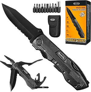 RoverTac Pocket Knife, 15-in-1 Multitool with Pliers, Bottle & Can Opener, 9 Screwdriver Bits, Locking Mechanism & Nylon Sheath - EDC Multi Tool for Camping, Hiking & DIY, Gift for Men & Dad