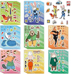 24 Sheets Cool Zootopia 2 Sticker Cute Cartoon Charaters Make Your Own Sticker, Make a Face Stickers Party Favors Activities Gifts (p)