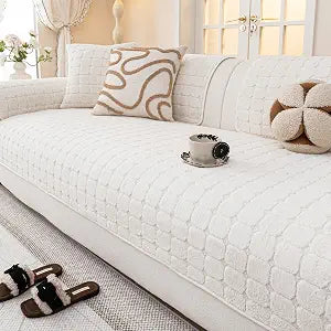Velvet Sofa Covers Washable, Plush Warm Couch Cover for Sectional Sofa, Funny Fuzzy Couch Covers for Pets&Kids, Non-Slip Sectional Sofa Cover(1PC, Beige White, 35.4"82.7", Large Sectional)