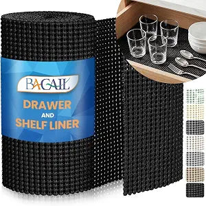 BAGAIL Non-Adhesive Shelf Liner, Thick Strong Grip Drawer Liners for Kitchen Cabinets, Heavy-Duty Easy Cut Cabinet Liners for Shelves, Pantry, Bathroom Cupboards - 12" x 10FT, Black