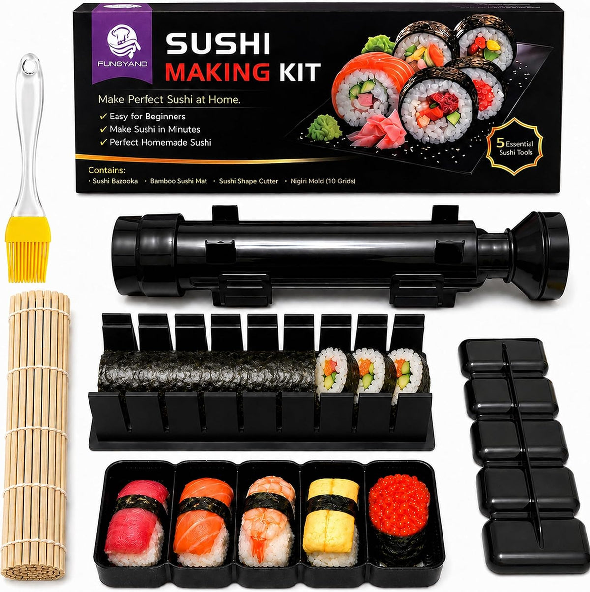 FUNGYAND Sushi Making Kit with Bazooka Roller, Cutting Mold and Bamboo Mat