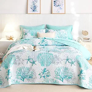 Wake In Cloud - Coastal Quilt Set, Nautical Ocean Beach Themed Tropical Summer Patterned, Reversible Lightweight Bedspread Coverlet, 3 Pieces, Aqua Turquoise, Queen/Full Size