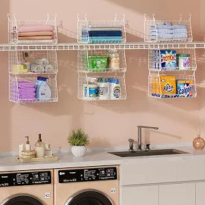 3-Tier Hanging Laundry Basket OrganizerFoldable Wire Shelf Laundry Room Organizer with 360Rotating Hooks Small Space Solutions Closet Hanging Organizer - Laundry Organization, White Patent