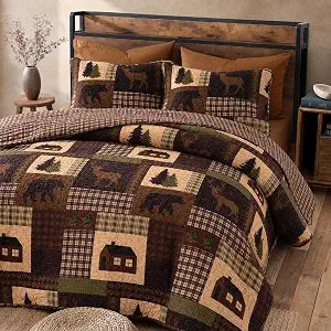 Rugs 4 Less Rustic Western Lodge Quilted Plaid Reversible Bedspread Set with Wildlife Imagery of Grizzly Bear Elk Buck and Pine Trees in Dark Brown - Alpine Trail (Full/Queen)