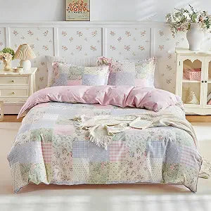 Joyreap 3pcs Twin Size Cotton Duvet Cover Set for Girls, Colorful Flowers Grids Patchwork Design, 1 Duvet Cover 68x90 Inches (Comforter Not Included) and 2 Pillow Shams