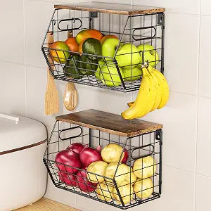 Delamu Stackable Metal Fruit Basket with Wood Lid 2 Pack, Hanging Wall Organizer for Kitchen Counter, Pantry Storage for Onions, Potatoes, Garlic, Fruits, Spices, Black