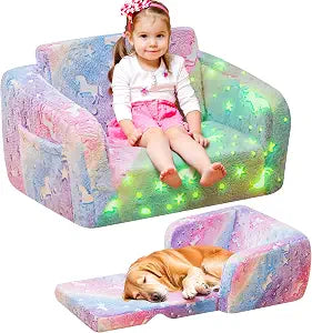 Lamerge 2-in-1 Soft Toddler Couch Fold Out,Foldable Toddler Chair, Glow in The Dark Kids Sofa for playroom,Convertible Foam and Floor Cushion for Boys and Girls (Rainbow and Unicorn)