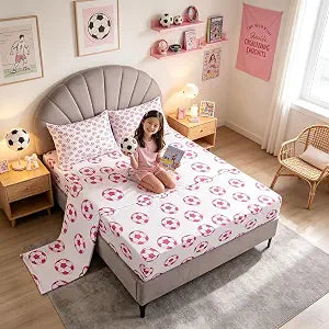 Manfei Soccer Kids Sheet Twin Size,American Football Sport Games Modern Bedding Set,Boys Girls Room Decor,Geometric Honeycomb Patchwork Pink Unique Bed Sheet Set 3pcs(Fitted + Flat + 1 Pillowcase)