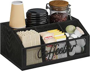 YINMIT Coffee Station Organizer for Countertop, Wood Coffee Bar Organizer with Removable Dividers for Pods, Syrup, Cups, Stirrer, Tea - Office Bar Accessories, Iron Mesh-Black