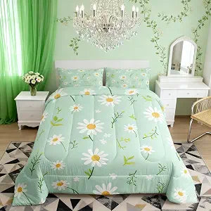 Manfei Cute Flower Comforter Set Twin Size, Botanical Theme Floral Print Bedding Set 2pcs for Kids Girls Room Decor, Watercolor Daisy Quilt Set Soft Polyester Duvet Set with 1 Pillowcase
