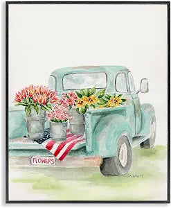 Vintage Blue Pick-Up Truck Floral, 16 x 20 Inch Framed Gicle Print