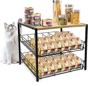 Bamboo & Iron Cat Food Organizer, 2-Tier Stackable Rack Holds 48 Cans 3oz