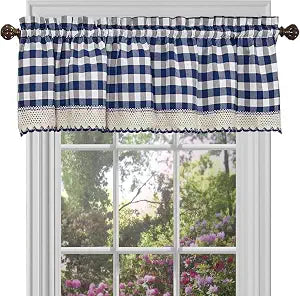 Buffalo Check Valance Curtains, 58 x 14 in, Navy Blue & Ivory White Plaid