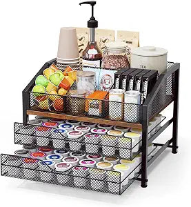 Homsorout Coffee Bar Organizer, Metal & Wood Coffee Station Holds 84 K Cup