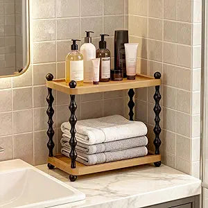 2-Tier Bathroom Counter Organizer, Retro Wood Shelf, Light Brown