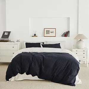 SUSYBAO Navy Blue Seersucker Duvet Cover Queen 100% Cotton 3 Pcs Set