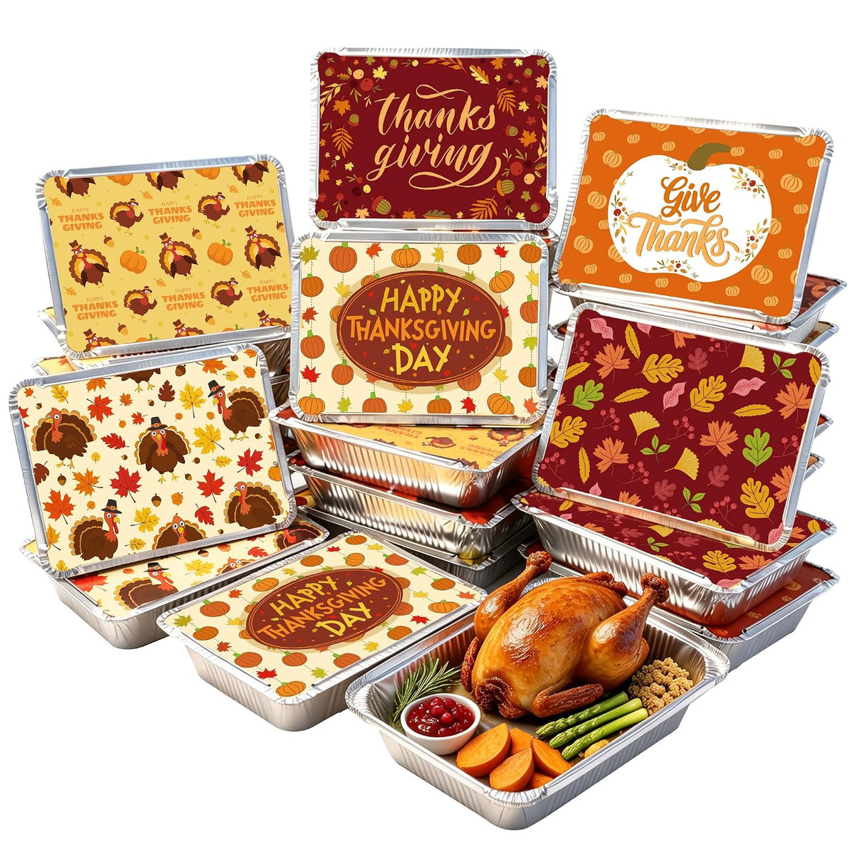 48 Pack Thanksgiving Leftover Containers with Lids 8.5"x6.3" Disposable Turkey Pumpkin Maple Leaf to Go Food Container Fall Aluminum Tin Foil Storage Pans for Thanksgiving Party Leftovers to-Go Meals