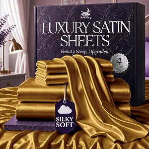 SLEEP SANCTUARY Satin Sheets Queen Size ��� 4 Piece Luxury Silky Bed Set, Softer Than Silk, 15" Deep Pocket, Cooling & Wrinkle-Free, Moisture-Wicking & Breathable for Hair & Skin (Gold)