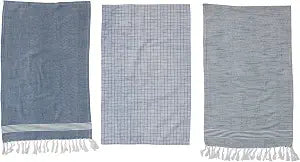 Creative Co-Op Cotton Blend Patterns and Fringe, Set of 3 Styles, Blue and White Tea Towel