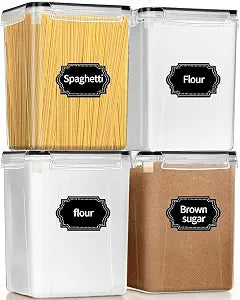 PRAKI Large Airtight Food Storage Containers 5.2L / 195oz, 4pcs Pantry Kitchen Organizers and Storage for Flour, Sugar, Baking Supplies, BPA Free, Plastic Flour Containers with 20 Labels & Maker