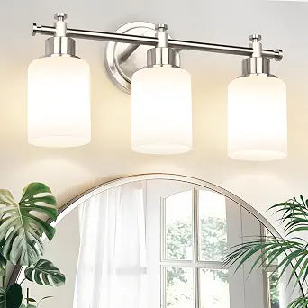3-Light Brushed Nickel Bathroom Light Fixture, Compact Vanity Light, 17 in
