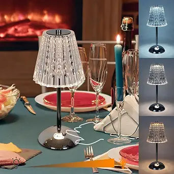 Cordless Rechargeable Metal Table Lamp, Crystal Shade, Silver