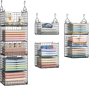 Yuyetuyo 5 Tier Closet Hanging Organizer and Storage Separable Hanging Closet Shelves with 4 Hooks 2 Adjustable Dividers, Wire Storage Basket Bins for Clothing Sweaters Socks Dolls Handbags, Foldable