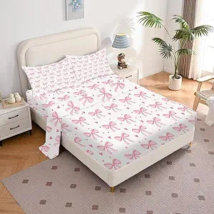 Pink Bow Bedding Set: Coquette Butterfly Knot Sheet Set Full/Queen Size for Girls Women Kids, Aesthetic Love Heart Bed Sheets with 1 Fitted + 1 Flat + 2 Pillowcases
